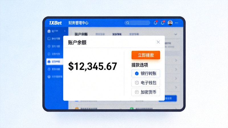 1xBet 財務管理中心頁面截圖，顯示餘額與提款選項