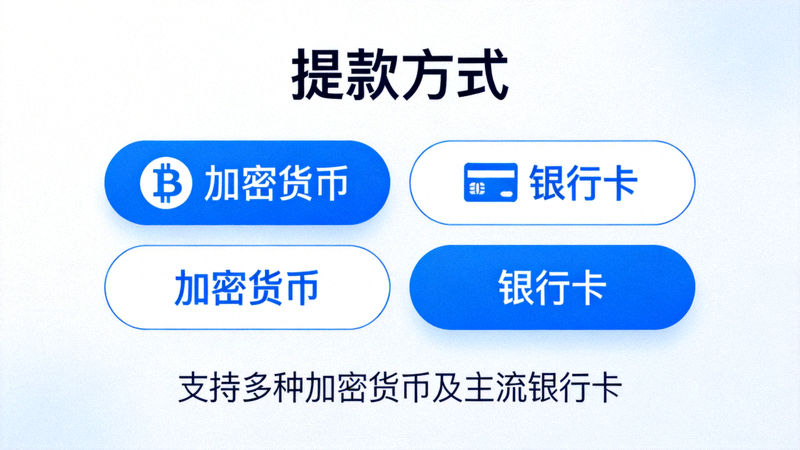 1xBet 提款方式選擇頁面，顯示加密貨幣、銀行卡等選項